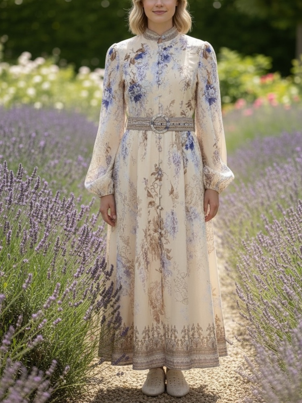 COMMENSE Cream Purple Floral Print Belted Maxi Dress